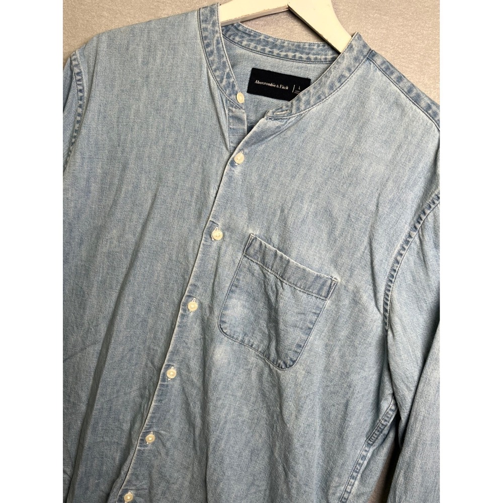 Abercrombie &Fitch Men Large Denim Band Collar Shirt Long Sleeve Chambray light